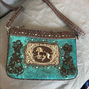 Brown and Teal Embroidered foe tooled leather Women's Bag